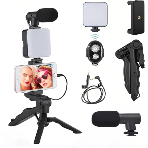 H'MASTON Kit Tripe para Celular com Iluminação e Microfone Luz de Led para Gravar Video Obturador R