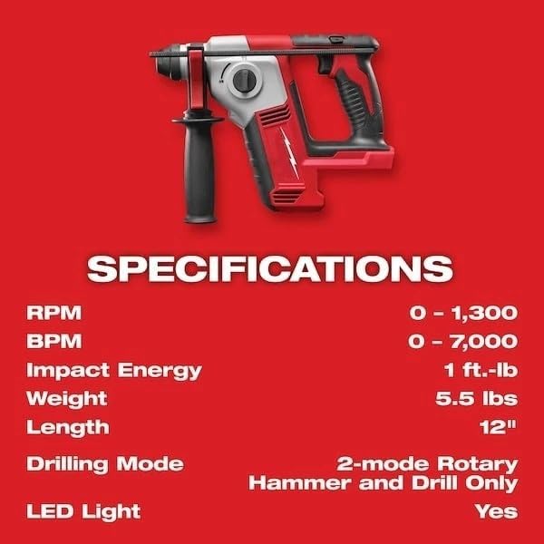 2612-20 Power Rotary Hammer Drill for Milwaukee 18V M18 Cordless 5/8" Rotary Hammer Red/Black - Bare Tool