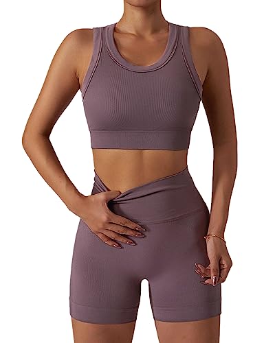 ABOCIW Workout Sets for Women, Summer 2 Piece Outfits, Ribbed Seamless Crop Tank Top Biker Shorts Matching 2 Pieces Outfits,Sexy Two Piece Yoga Workout Outfits Light Brown Medium