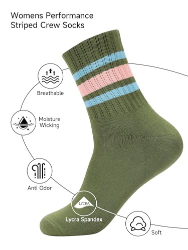 Image of Forony Women Tube Socks Anti Odor Crew Soft Combed Cotton Quick Dry Moisture Wicking Breathable Socks with Strips
