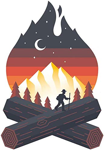 Campfire Sticker - Camping Hiking & Nature Artwork - Mountain Woods Moon Wilderness and National Park Waterproof Vinyl Decals for HydroFlask Water Bottle Laptop Car Bumper. Dishwasher Safe.