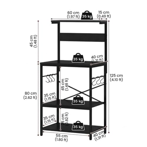 Image of 4-Tier Baker's Rack and Coffee Bar Table | Kitchen Microwave Stand with 6 S-Hooks | Storage Shelf for Spices, Pots and Pans | Black | 60x40x125 cm