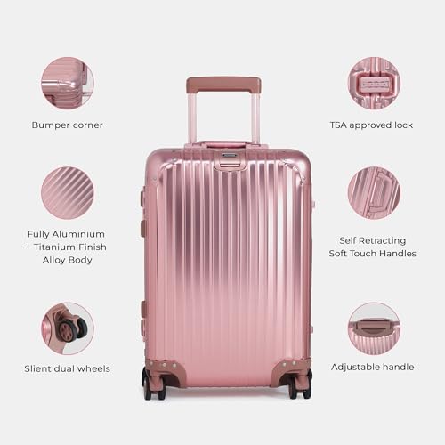 Image of Verage Luxe Secure Jet Full Aluminium Body (44 Liters) Cabin Size Luggage with Zipper Less Frame Closure & Dual TSA Clasp Locks Spinner Suitcase Trolley Bag (Rose Gold, 20 inch / 57 Cms)