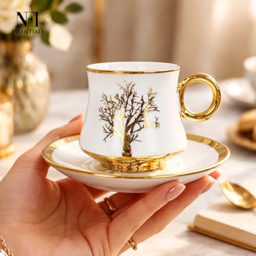 Image of NFI essentials Ceramic Cup & Saucer Set of 6 Pcs, Tea /Coffee Cup, Microwave & Dishwasher Safe, Premium Mug Perfect for Daily Use, Office, Gifting Elegant Golden Color Design 200ML