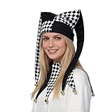Juego de sombrero y collar de bufón, patrón de diamante arlequín, blanco y negro, rojo y negro, accesorios de disfraz de bufón de corte medieval (blanco y negro)