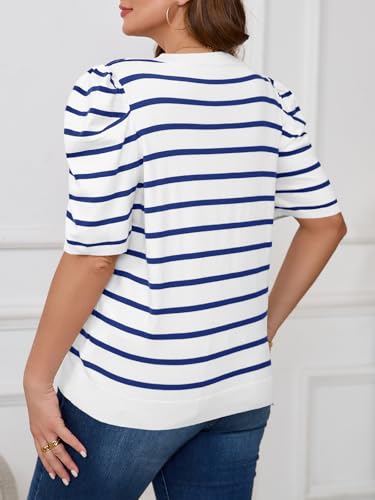 Image of Beautife Womens Plus Size Short Puff Sleeve Sweater Tops Lightweight Striped T Shirts Summer Casual Crew Neck Knit Pullover