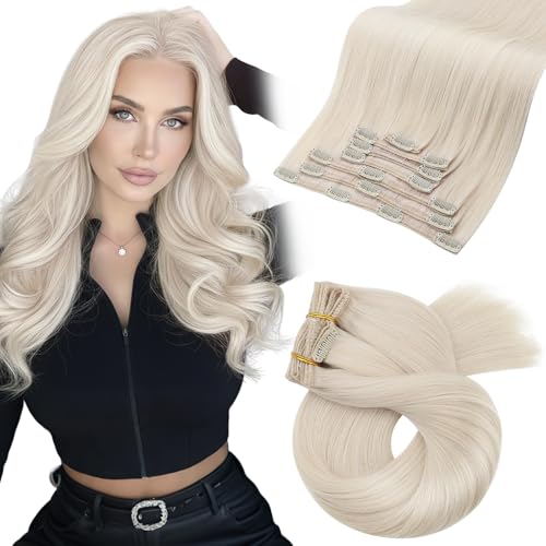 Image of Moresoo Platinum Blonde Clip in Hair Extensions, #60A Cool-Toned Blend | Real hair extensions clip ins long, 120g 7pcs 16 inch, seamless match to add blonde highlights full head