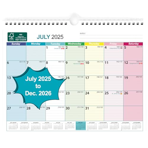 boct wall calendar 2025-2026 - includes july 2025 to december 2026-18 monthly daily planner 13 x 96 inches julian dates for new year christmas gifts