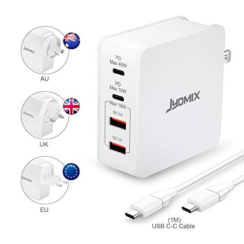 Dual USB C PD Charger 48W, 4-Port Universal Travel Charger with USB-C Power Delivery, USB QC3.0 Fast Charge and Standard USB-A. Worldwide 66W USB Power Travel Adapter with Interchangeable Plugs