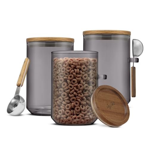 JoyJolt Holden 32oz Stackable Glass Storage Containers with Lids and Scoops, Airtight Food Canister Set of 3 w/Acacia Wood Lids, Round Stacking Pantry and Kitchen Containers w/Scoop | Smoke