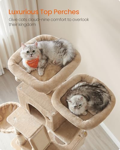 Image of Feandrea Cat Tree, 81.1-Inch Large Cat Tower, Multi-Level Plush Condo with 13 Scratching Posts, 2 Perches, 2 Caves, Basket, Hammock, Pompoms, Camel Brown UPCT190K01