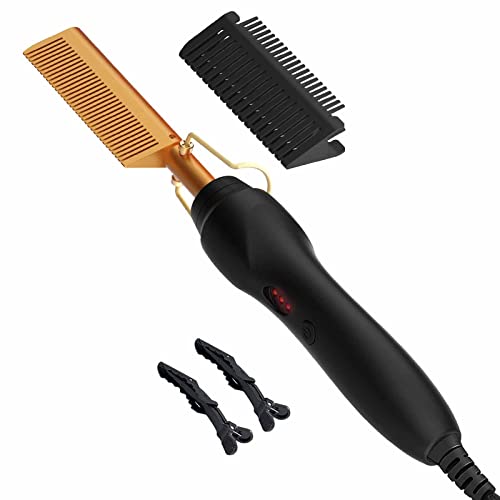 Hot Comb Electric Hair Straightener, 2 in 1 Hair Straightening Comb Iron Heated Brush, Professional High Heat Hair Straightener Brush Iron Pressing Comb for Wet & Dry Hair Wig Women and Men (Golden)