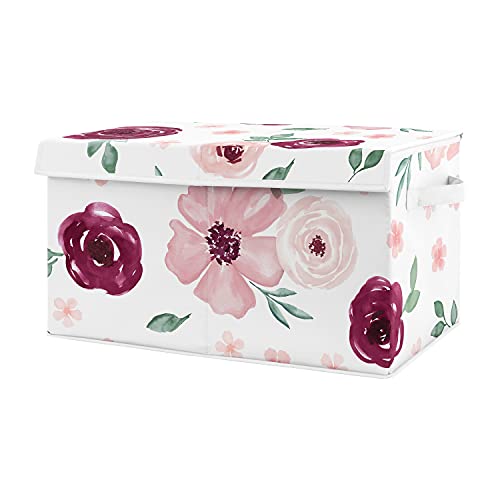 Sweet Jojo Designs Burgundy And Pink Watercolor Floral Girl Small Fabric Toy Bin Storage Box Chest For Baby Nursery Kids Room - Blush, Maroon, Wine, Rose, Green And White Shabby Chic Flower Farmhouse #TOP14
