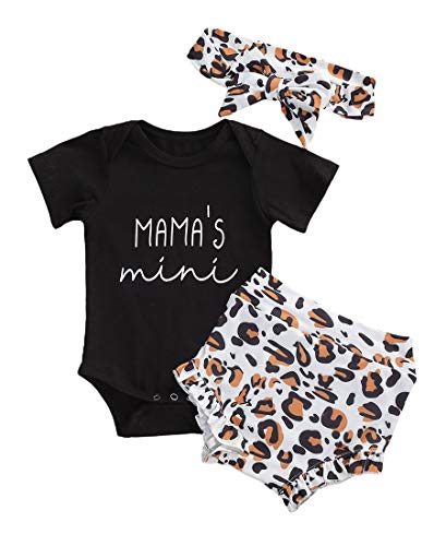 3PCS Newborn Toddler Baby Girl Clothes Tops Romper Leopard Print Shorts Outfit (12-18 Months, Leopard-Mama'mini)