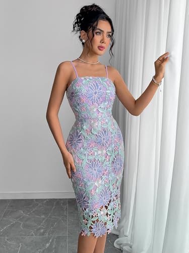 Women's Purple Crochet Floral Embroidered Sleeveless Backless Bodycon Summer Wedding Guest Cocktail Party Prom Midi Dress3