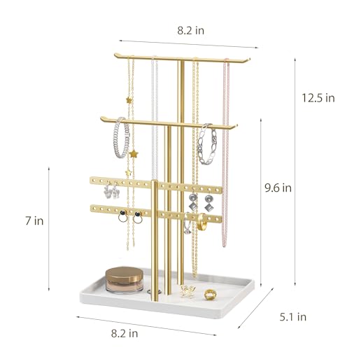 Schmuck Organizers, Schmuckständer 32cm Groß, 4 Ebenen Robust Schmuckaufbewahrung Reise, Schmuckschrank für Halskette, Armband, Parfüm und Ohrringe, Deko Aesthetic Accessoires, Gold/Weiß – Bild 4