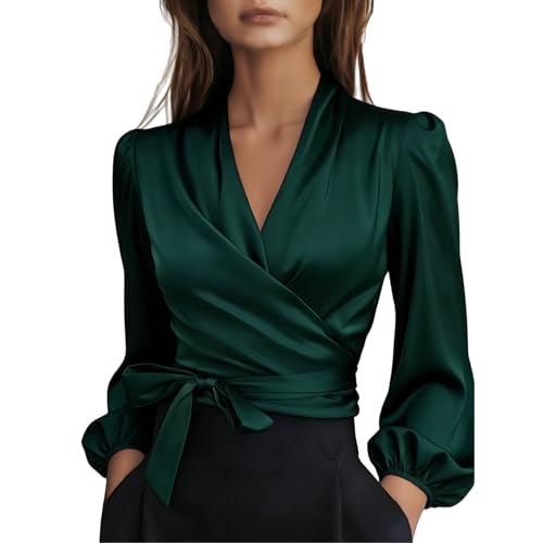Camisas Mujer,Blusa Cruzada De Satén para Mujer con Lazo En La Cintura, Manga Larga Abullonada, Cuello En V, Elegante Blusa De Seda para Oficina, Negocios, Ropa De Trabajo Informal, Trajes De Prima