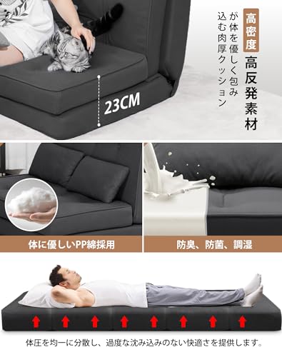 COMHOMA ソファベッド ソファーベッド レイジーソファー フロアソファー ローソファー 幅90 3WAY 6段階リクライニング 1人掛け 2人掛け クッション2個付き 耐摩耗 人間工学 ソファ 折り畳み 小型 疲れない B002-BLACK [5]