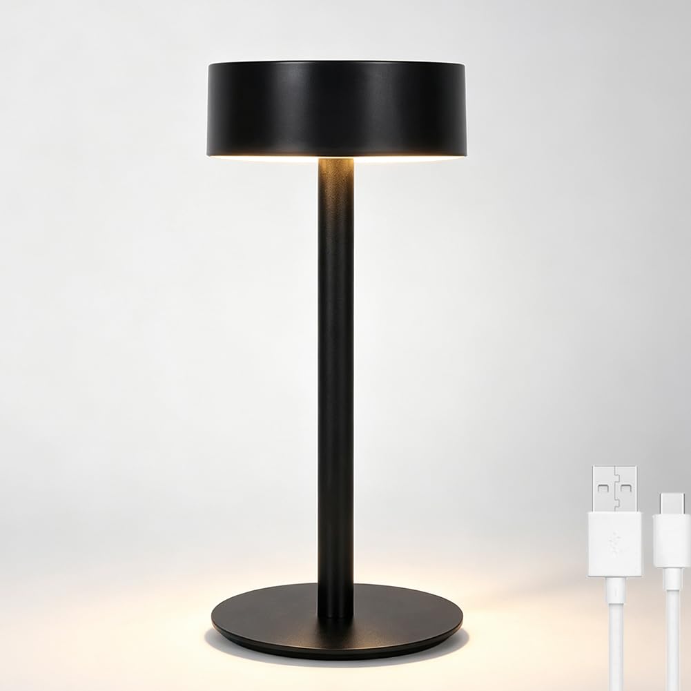 LED Tischlampe Kabellose Portable Akku Tischleuchte USB Aufladbar Aluminium Dimmbar Nachttischlampe Batteriebetrieben 3 Farbtemperatur Nachtlicht Touch Schalter für Esszimmer Terrasse,Schwarz