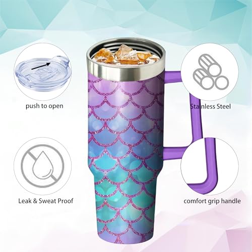 40oz Mermaid Stainless Steel Tumbler with Handle and Straw, Insulated Cup Travel Coffee Mug Water Bottle with Lid and Straw, Animal Lovers Women Gifts by Stunnoosy - Used condition - Image 4