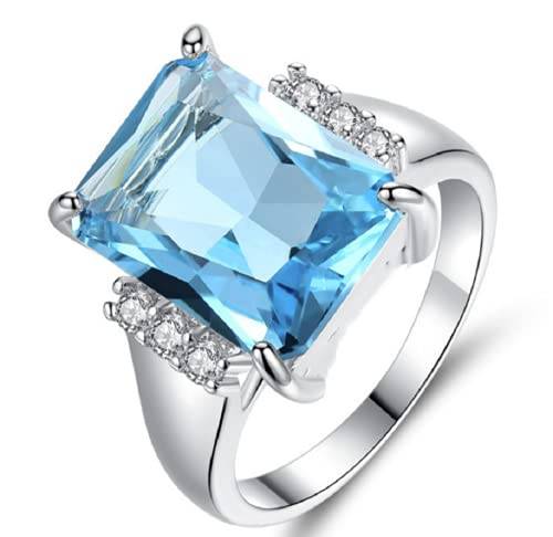 Lzz Vintage Fashion Lady 925 Silver Emerald Cut Blue Aquamarine Gemstone Ring with Diamond Ring Wedding Jewelry Size 5-11 (US code 8)