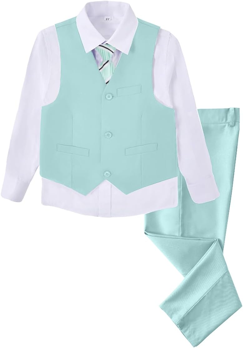 Boys 4 Pieces Suits Slim Fit Kids Outfits Vest Pants Sets Black Blue Formal Dresswear for Boy