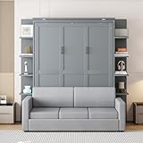 Merax Queen Size Murphy with Sofa and Shelves for Bedroom or Guestroom Wall Bed Space Saving Hidden Bed,No Need Fix to The Wall,Gray