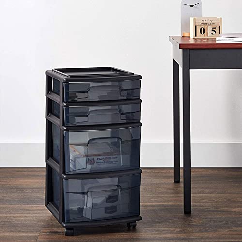 HOMZ 4-Drawer Rolling Organizer for Home & Office, Black-Clear