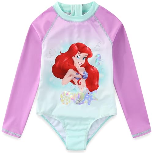 Disney The Little Mermaid Girls UPF 50+ One Piece Long Sleeve Rash Guard Bathing Suit for Toddler and Big Kids