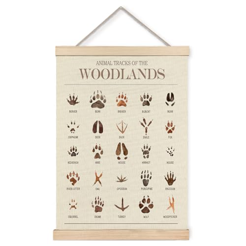 Foritho Animal Tracks of the Woodlands Poster Wall Art Framed, Woodland Nursery Decor, Jungle Forest Animal Tracks Field Guide Canvas Prints Wall Decor for Nursery Kids Room Playroom, 12x16 Inch