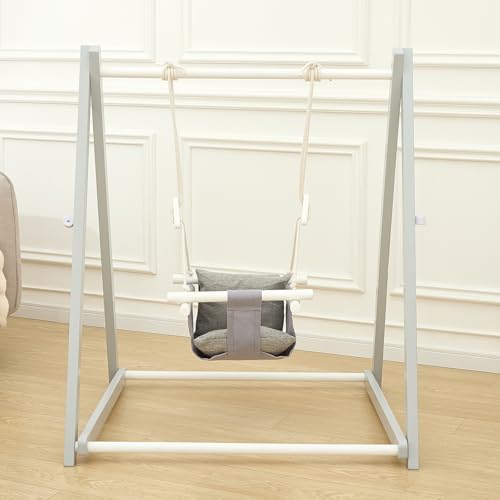FUNLIO Montessori Wooden Swing Set for Toddlers 6-36 Months, Foldable Indoor Baby Swing Set of Durable Pine, Portable with 4 Sandbags &Extension Straps, Toddler Swing for Indoor/Outdoor-Gray