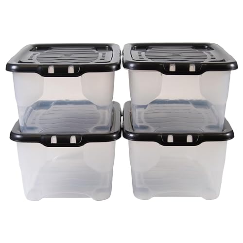 STAR SUPPLIES Strong Stackable Clear Transparent Base Storage Containers With Black Lids For Home & Office (2, 24 Litre)