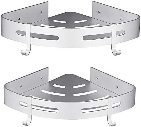 Hoomtaook Corner Shower Caddy Shower Shelf No Drilling Bathroom Caddy Storage Shower Organiser Rustproof Aluminum Wall Mounted 2 Packs with Hooks Silver