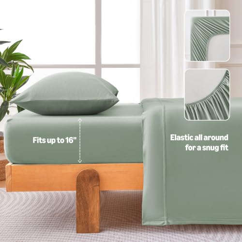 Image of Amazon Basics Jersey Knit 3-Piece Sheet Set, Wrinkle Resistant and Easy Fit, Includes 16 inch Deep Pocket Fitted Sheet, 1 Flat Sheet and 1 Pillowcase, Twin, Sage Green