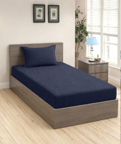 Image of Trance Home Linen 100% Cotton 80x38 inch 200TC Satin Stripe Elastic Fitted Bedsheet | College /Hostel Use Fitted Bedspread with 1 Pillow Cover (80 inchx38 inch | 6.6x3.1 feet, Dark Blue)