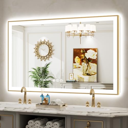 Image of 57x36 LED Bathroom Mirror with Lights, Gold Framed Lighted Mirror | Backlit and Front light, Anti-Fog, 3 Color Dimmable, Memory, Tempered Glass, IP54 Waterproof, UL Listed