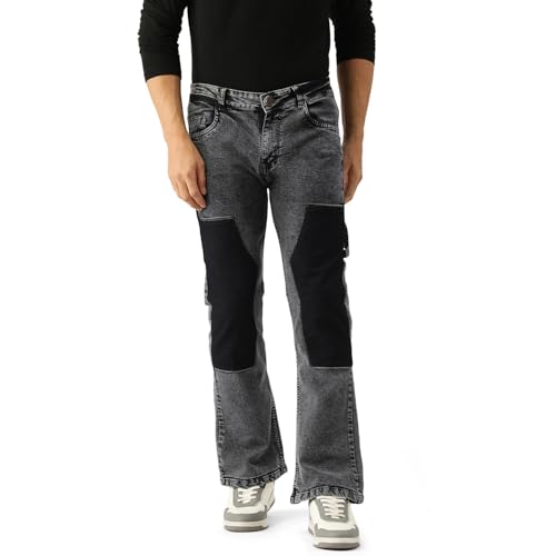Image of PARIS HAMILTON Men Bootcut Fit Carpenter Style Color Blocked Bellbottom Heavy Fade Charcoal Grey Stretchable Denim Jeans 28 inch