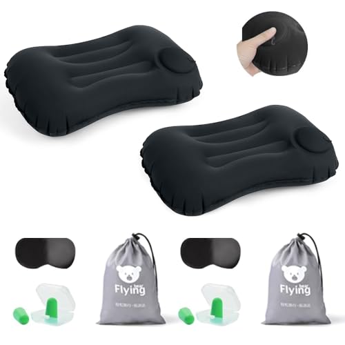 LUFEIS Inflatable Travel Pillow, 2 PCS Inflatable Camping Pillows for Adults & Kids, Ultralight Air Pillow with Eye Mask and Earplugs, Push-to-Air Inflatable Pillow with Storage Bag for Camping Travel