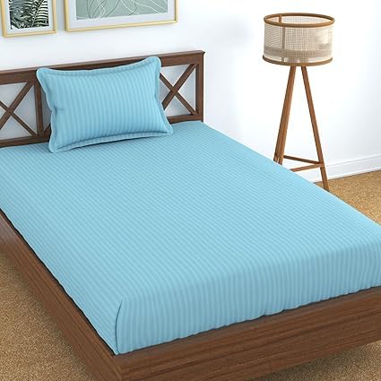 400 TC 100% Cotton Feel Solid Stripe Bedsheet – Single Size 60"x90" with 1 Pillow Cover – Soft & Breathable (Aqua, Single)-image-35