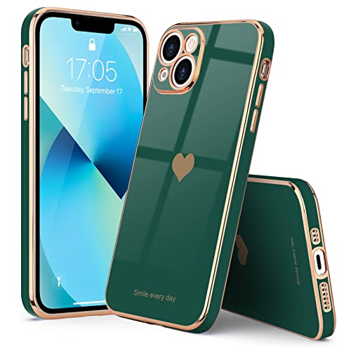 Teageo Compatible With Iphone 13 Case For Girl Women Cute Love-Heart Luxury Bling Plating Soft Back Cover Raised Camera Protection Bumper Silicone Shockproof Phone Case For Iphone 13, Darkish Green #TOP6