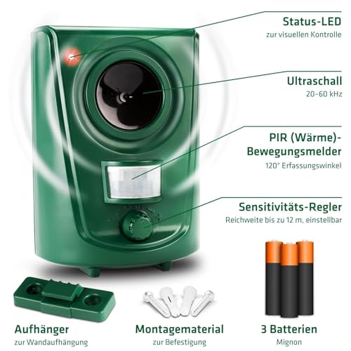 GARDIGO® Hunde- und Katzenabwehr | Hundeschreck und Katzenschreck für den Garten I Ultraschall Tiervertreiber 20-60 kHz I 120° Erfassungswinkel, 12m Reichweite | Gegen Hunde und gegen Katzen
