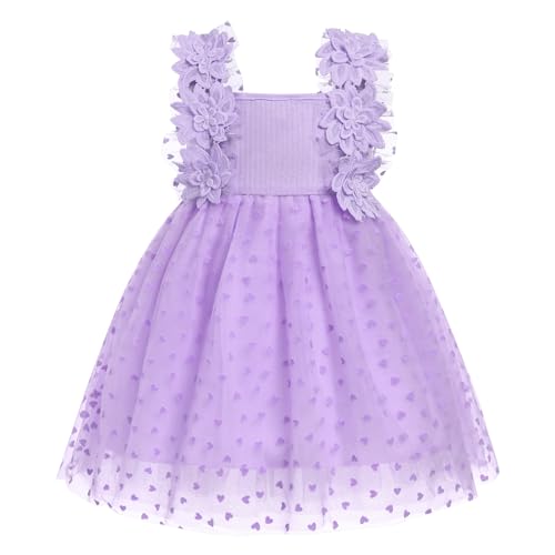 IMEKIS Niños Bebé Niña Cumpleaños Vestido Sin Mangas Flor Acanalado Punto Volantes Vestido de Tul Princesa Corazón Estampado Vestido de Verano Vestido de Sol, morado, 6-12 Meses