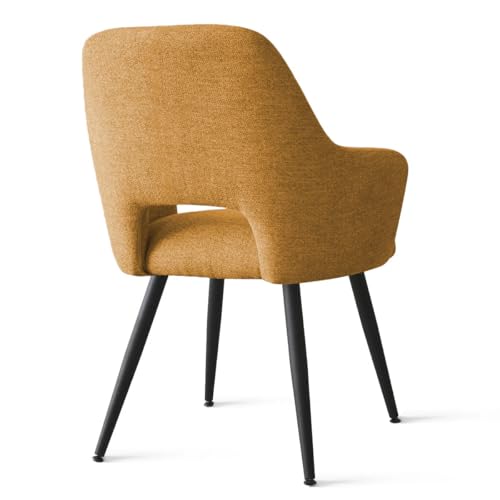 Image of Finch Fox Motel Luxurious Home Collection Upholstery Fabric Arm Dining Room Chairs in Mustard Color with Black Metal Powder Coated Legs (Set of 4)