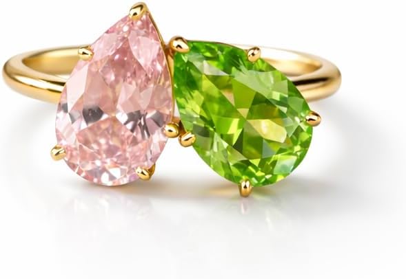 14K Yellow Gold Two Stone Pink Sapphire & Green Peridot Ring Pear Cut Toi et Moi Engagement Ring for Women Open Bypass Promise Anniversary Fine Jewelry Gift for Her