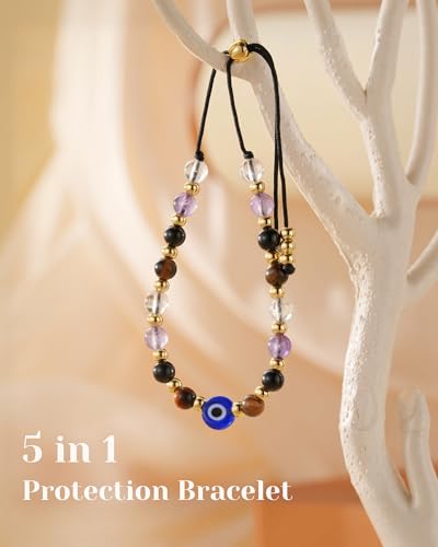 Evil Eye Dainty Bracelet - Natural Crystal Protection Bracelet - 5 Healing Stones Clear Quartz Amethyst Black Tourmaline Tiger Eye Adjustable Spiritual Guardian Jewelry Gift with Meaning Card4