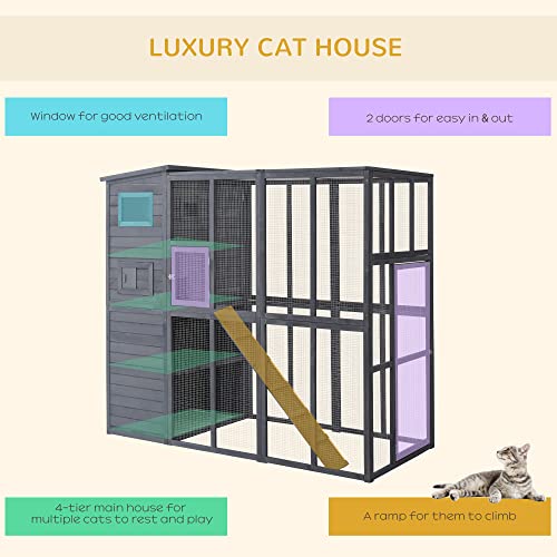 PawHut Large Pine Wooden Outdoor Cat House Enclosure Catio with Large Run, Kitten Cage with Weatherproof Roof - 77" L, Grey - Image 5