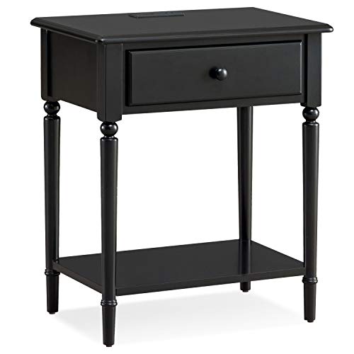 Leick Home Coastal End Table, Solid Wood, USB-C Charging Station, 1 Storage Drawer, Bottom Shelf, Easy-Assembly, For Bedroom/Living Room, Black Swan, 15.8 in. L x 24.0 in. W x 28.1 in. H, 20022-BK