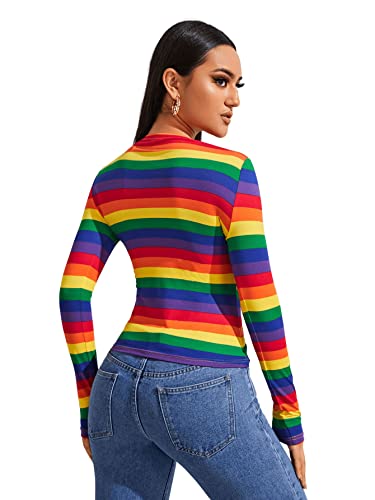 SweatyRocks Women's Casual Long Sleeve Rainbow Striped Slim Fit Tee Shirt Top2
