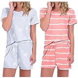 Ekouaer 2 Pack Pajamas Short Sleeve Top with Shorts Sets Comfy Pjs Lounge Sets Sleepwear for Women Pink Striped/Star Large