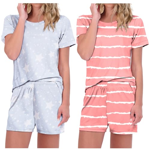 Ekouaer 2 Pack Pajamas Short Sleeve Top with Shorts Sets Comfy Pjs Lounge Sets Sleepwear for Women
